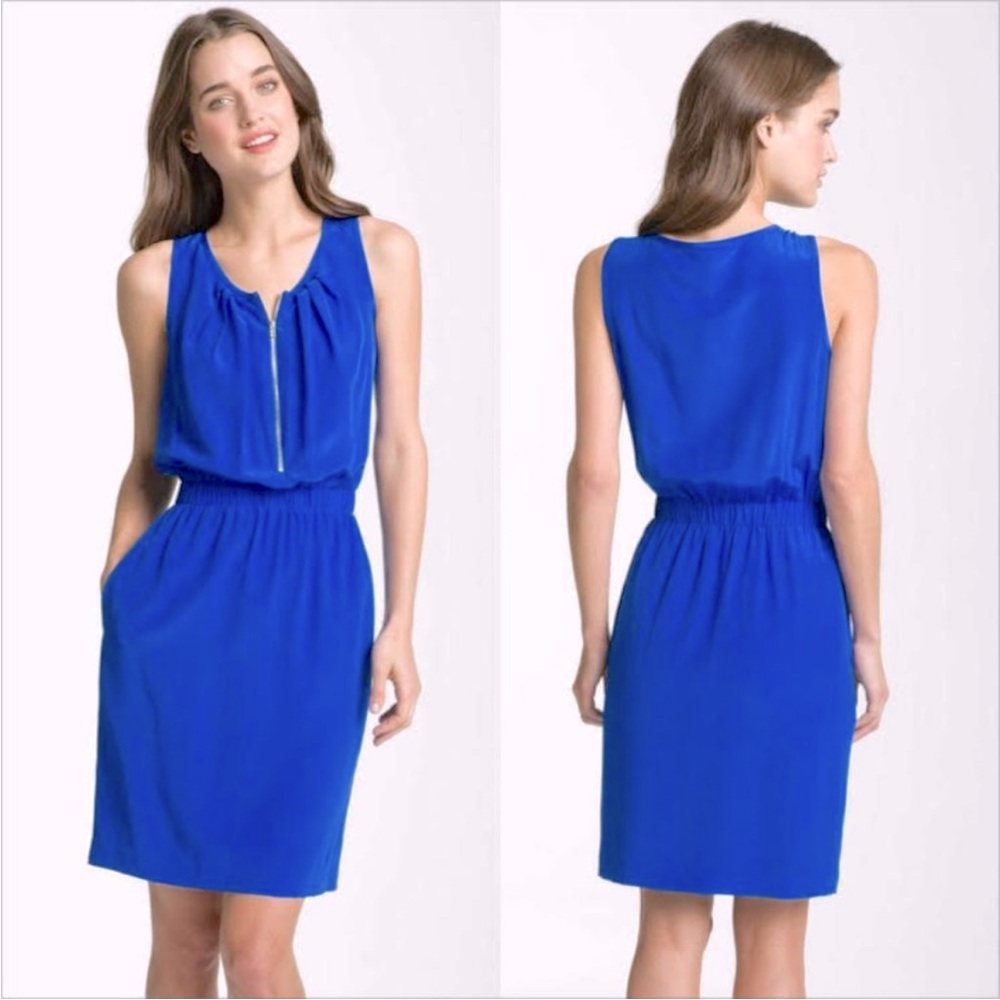 ELIZA J 100% Silk Dress Size 10 Womans Front Zip Elastic Waist Sleeveless Blue
